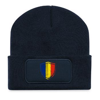 Beschädigtes blaues Gelbes Rotes Schild - Recycelte Patch Beanie - French Navy - Vorne
