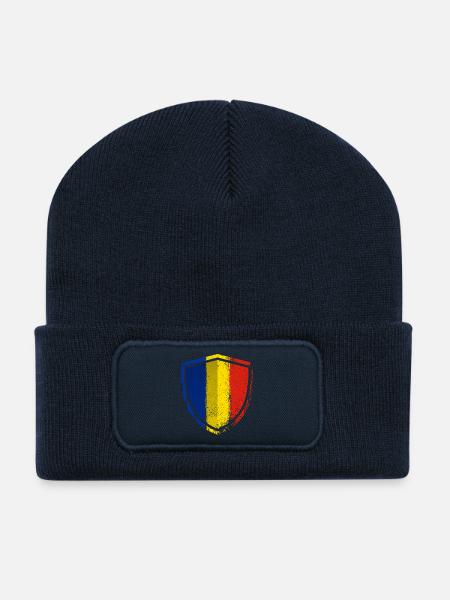 Beschädigtes blaues Gelbes Rotes Schild - Recycelte Patch Beanie - French Navy
