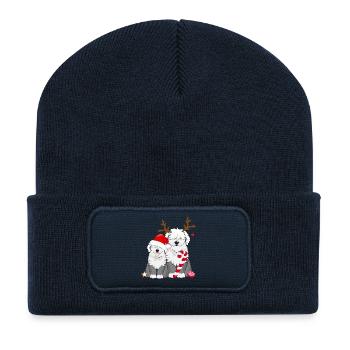 deux mignons chiens bobtail célèbrent Noël - Beanie recyclé à patch - bleu marine - Devant