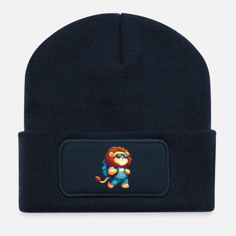 Lion aventureux avec lunettes de soleil - Beanie recyclé à patch - bleu marine