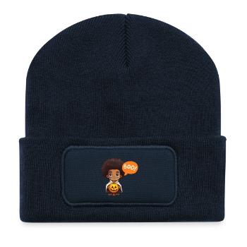 Cute Kids Halloween Vampire with Pumpkin - Recycled Patch Beanie - french navy - Front