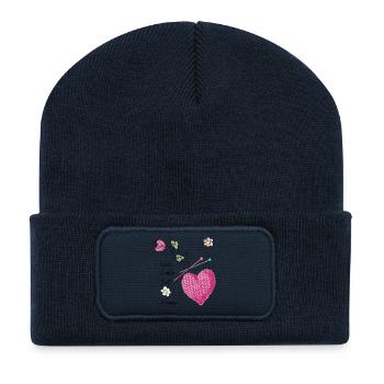 Coeur tricoté avec des fleurs et des aiguilles à tricoter - Beanie recyclé à patch - bleu marine - Devant