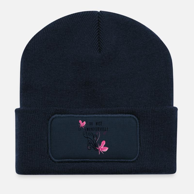 Du bist wundervoll, Blumenranke - Recycelte Patch Beanie - French Navy