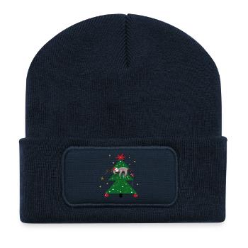 Paresseux dans le sapin de Noël, Joyeux Noël - Beanie recyclé à patch - bleu marine - Devant