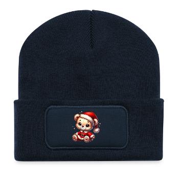 Ours en peluche mignon de Noël au look du Père Noël - Beanie recyclé à patch - bleu marine - Devant