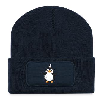 Glücklicher Pinguin mit Partyhut - Cartoon Design - Recycelte Patch Beanie - French Navy - Vorne
