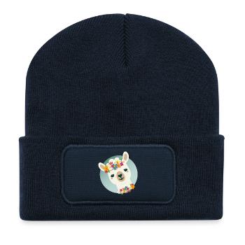 Flowery Alpaca with Wreath – Cheerful Summer Motif - Recycled Patch Beanie - french navy - Front