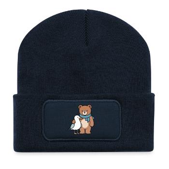 Cute Bear and Bird Design - Recycled Patch Beanie - french navy - Front