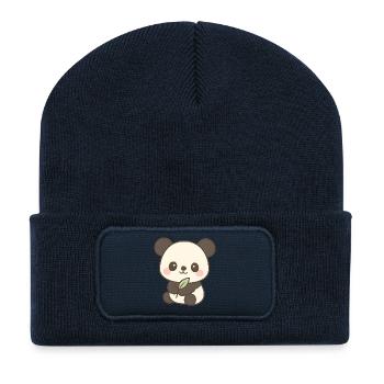 Kawaii Baby Panda mit Blattmotiv - Recycelte Patch Beanie - French Navy - Vorne