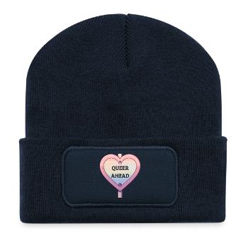 Queer Ahead – Pastell Regenbogen Schild - Recycelte Patch Beanie - French Navy - Vorne