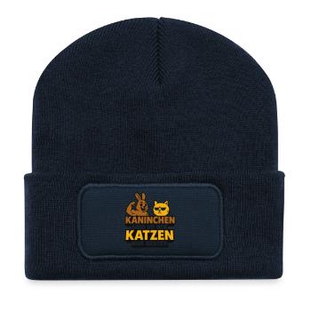 Motif humoristique lapin et chat - Beanie recyclé à patch - bleu marine - Devant