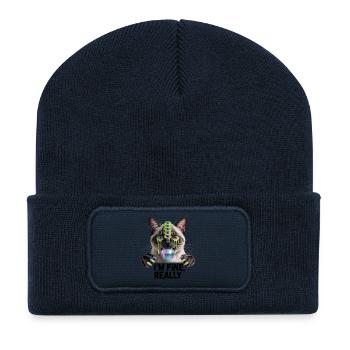 Neon-Mehräugige Disco-Katze - Recycelte Patch Beanie - French Navy - Vorne
