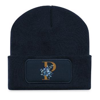 Florales P – Goldener Buchstabe mit Blüten - Recycelte Patch Beanie - French Navy - Vorne