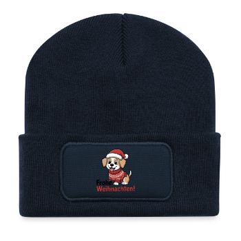 Weihnachtshund – Frohe Weihnachten! - Recycelte Patch Beanie - French Navy - Vorne
