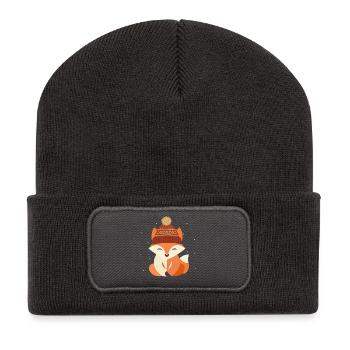 Lächelnder Fuchs mit Wintermütze – Wintermotiv - Recycelte Patch Beanie - Dunkelgrau - Vorne