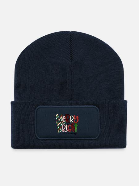 Merry Bright Festive Plaid Pattern - Recycled Patch Beanie - french navy