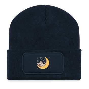 Chaton sur Lune Etoilée - Beanie recyclé à patch - bleu marine - Devant