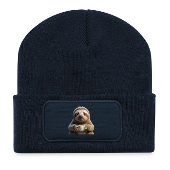 Funny tired sloth with coffee - Recycled Patch Beanie - french navy - Front