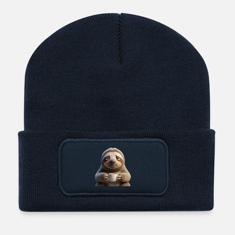 Lustiges müdes Faultier mit Kaffee - Recycelte Patch Beanie - French Navy