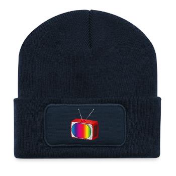 TV rétro avec écran coloré dans un look nostalgique - Beanie recyclé à patch - bleu marine - Devant