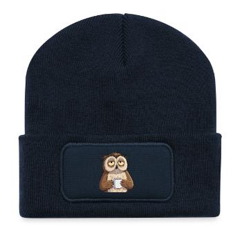 Hibou fatigué au café – Humour drôle sur le design animalier - Beanie recyclé à patch - bleu marine - Devant