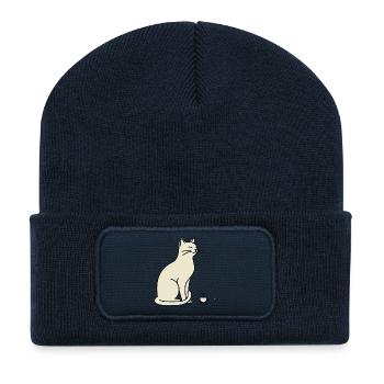 Minimalistische Silhouette Cream Cat - Recycelte Patch Beanie - French Navy - Vorne