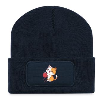 Chaton joyeux et pelote rouge - Beanie recyclé à patch - bleu marine - Devant