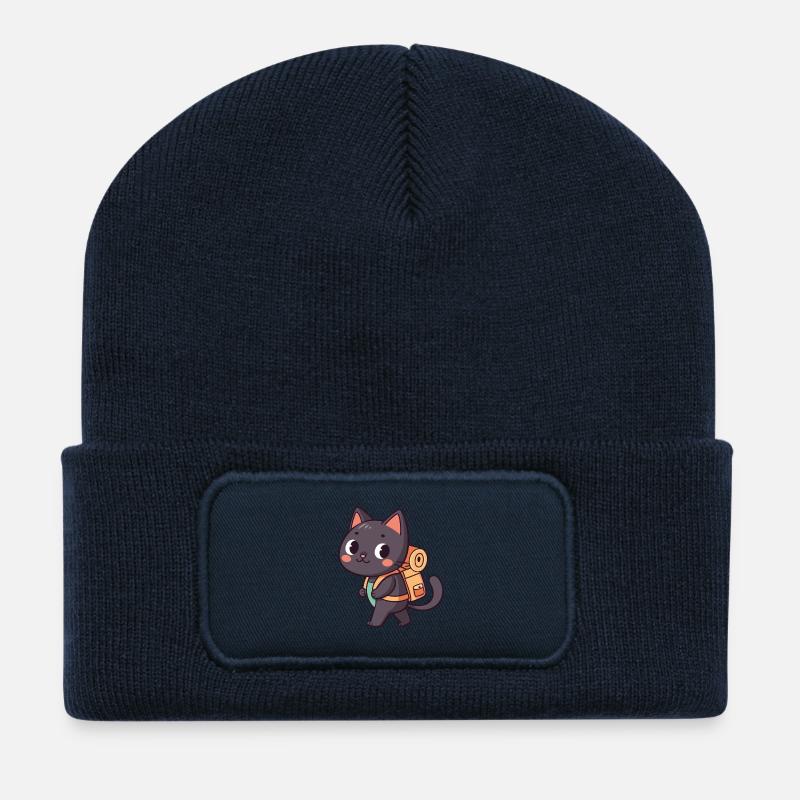 Explorer Cat with Orange Backpack - Recycled Patch Beanie - french navy