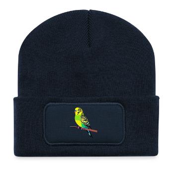 Motif coloré de perruche ondulée sur branche, jaune, vert, bleu - Beanie recyclé à patch - bleu marine - Devant