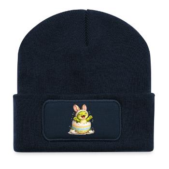 Bébé dinosaure avec des oreilles de lapin dans l’œuf de Pâques - Beanie recyclé à patch - bleu marine - Devant