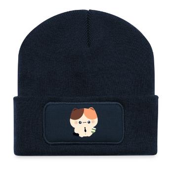 Kawaii Heulende Katze mit Kaffee - Recycelte Patch Beanie - French Navy - Vorne