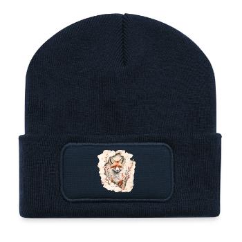Fuchs mit Kirschblüten - Recycelte Patch Beanie - French Navy - Vorne