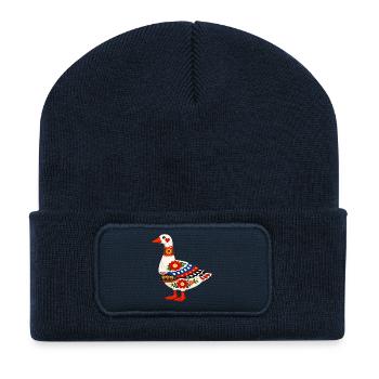 Bunte Gans im Volksstil - Recycelte Patch Beanie - French Navy - Vorne