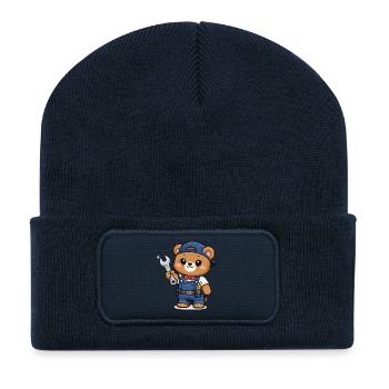 Petit Ours Artisan avec une clé à molette - Beanie recyclé à patch - bleu marine - Devant
