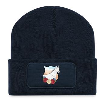 Un cheval Abbayan avec des fleurs dans un écusson - Beanie recyclé à patch - bleu marine - Devant