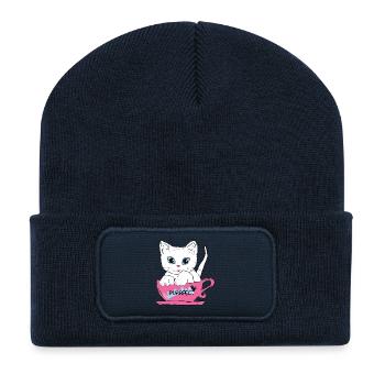 Chat Purrfect dans une tasse de thé rose - Beanie recyclé à patch - bleu marine - Devant