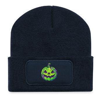 Green Purple Halloween Mosaic Pumpkin - Recycled Patch Beanie - french navy - Front