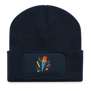 Cône d’école coloré avec les fournitures scolaires - Beanie recyclé à patch - bleu marine - Devant