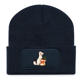 Hermelin mit festlichem Zapfenstiefel - Recycelte Patch Beanie - French Navy - Vorne