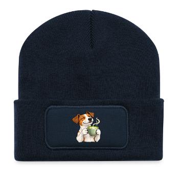 Jack Russell mit Matcha Latte - Recycelte Patch Beanie - French Navy - Vorne