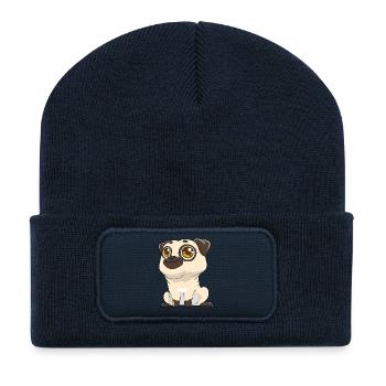 Süßer Mops mit großen Augen - Recycelte Patch Beanie - French Navy - Vorne