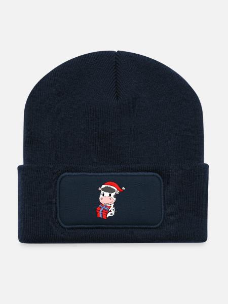 Weihnachten Kuh Baby mit Geschenk - Recycelte Patch Beanie - French Navy