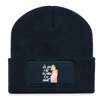 la joie c'est les câlins d'un chat , chaton cat - Beanie recyclé à patch - bleu marine - Devant
