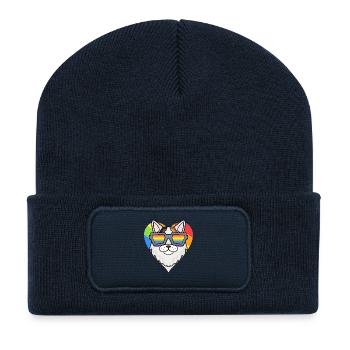 Gay Regenbogen - Katze mit Brille - Türkisch Van - Recycelte Patch Beanie - French Navy - Vorne