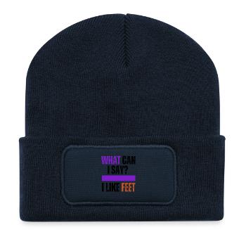 Welche Füße: Fettes Lila-Orange-Typografie - Recycelte Patch Beanie - French Navy - Vorne