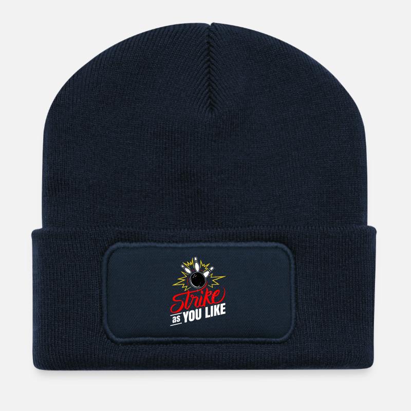 Frappez comme vous aimez la boule de bowling Dix quilles - Beanie recyclé à patch - bleu marine