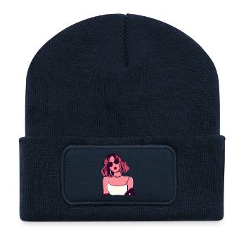 Retro Pink Woman with Glasses - Recycled Patch Beanie - french navy - Front