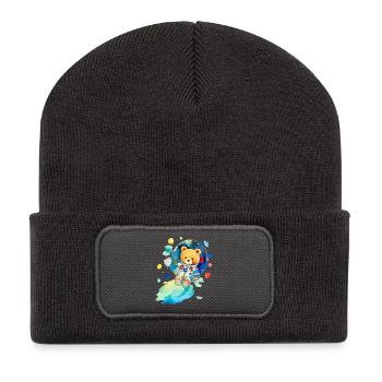Teddy im Weltall - Recycelte Patch Beanie - Dunkelgrau - Vorne