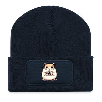 Appareil photo Hamster - Beanie recyclé à patch - bleu marine - Devant