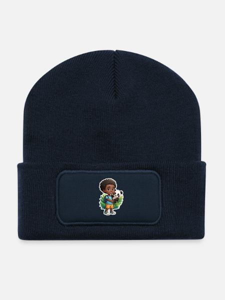 Cute boy with panda and nature motif - Recycled Patch Beanie - french navy